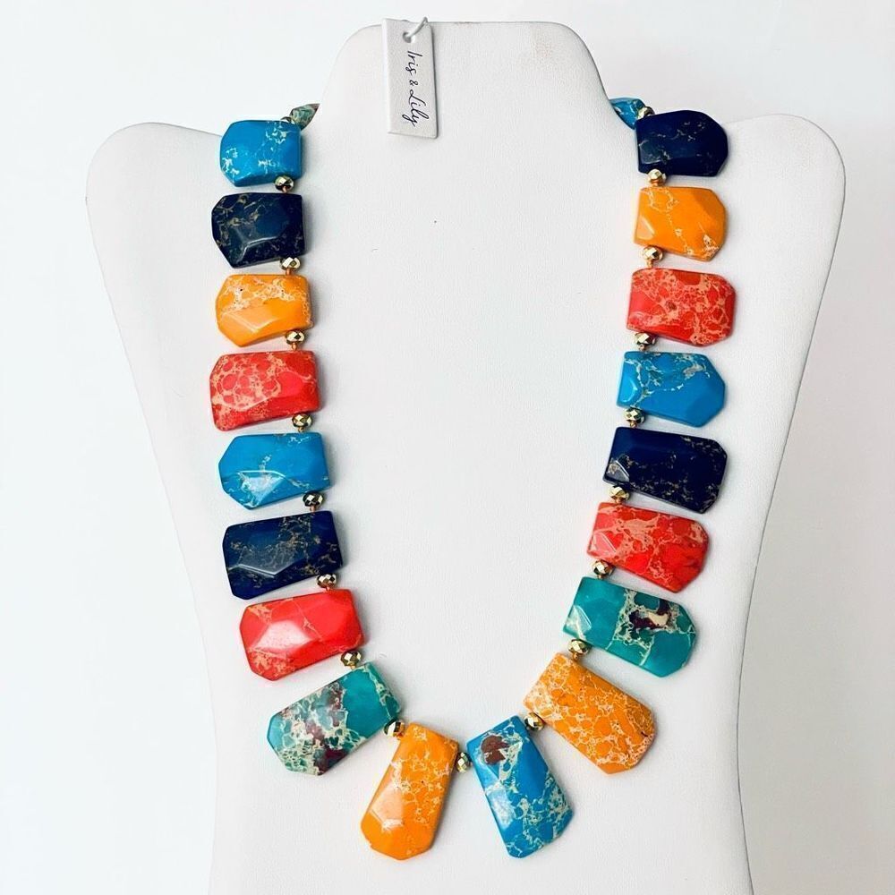 NWT Iris & Lily Gorgeous Colorful Gold genuine gemstone Purple,Red,Blue Necklace